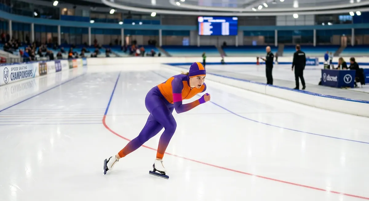 Schaatser in de bocht op de 400 meter ijsbaan