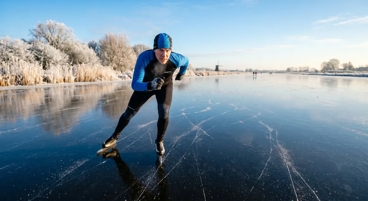 Schaatser op het natuurijs langs een Hollands landschap