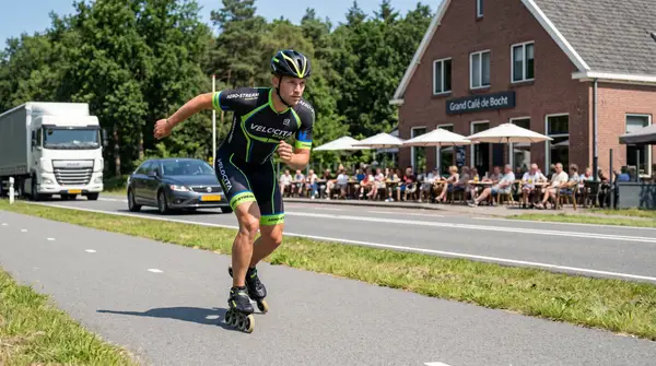 Skeeleraar onderweg op de weg