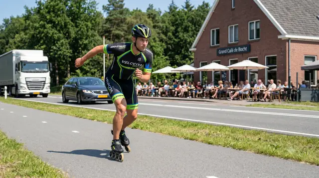 Skeeleraar in schaatshouding op het asfalt