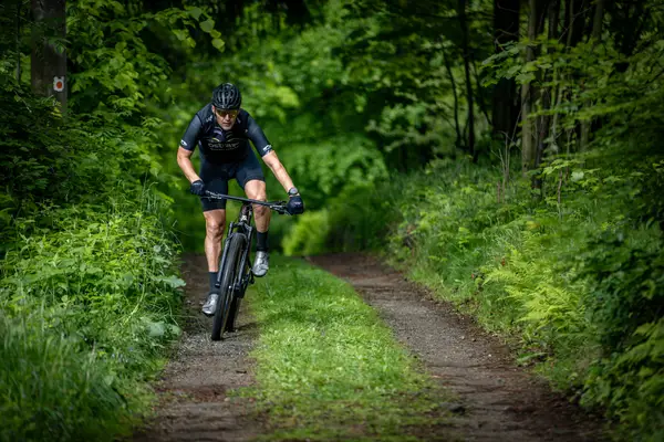 Mountainbiker op een bospad